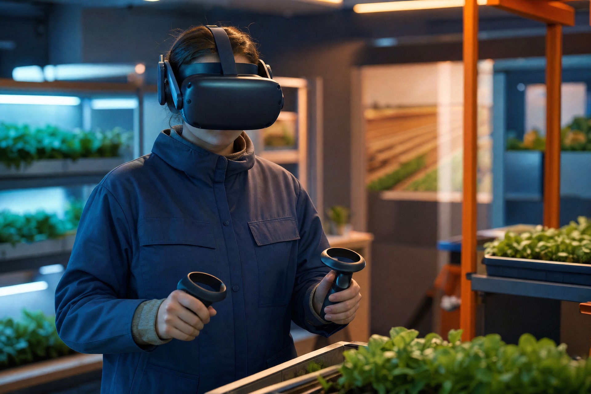 Osoba w goglach VR podczas szkolenia rolniczego