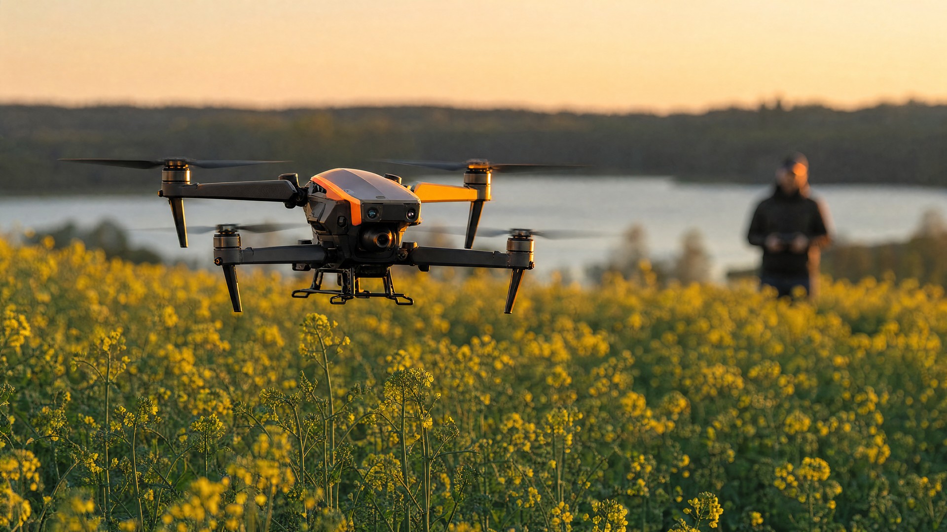 Dron z kamerą multispektralną nad polem rzepaku